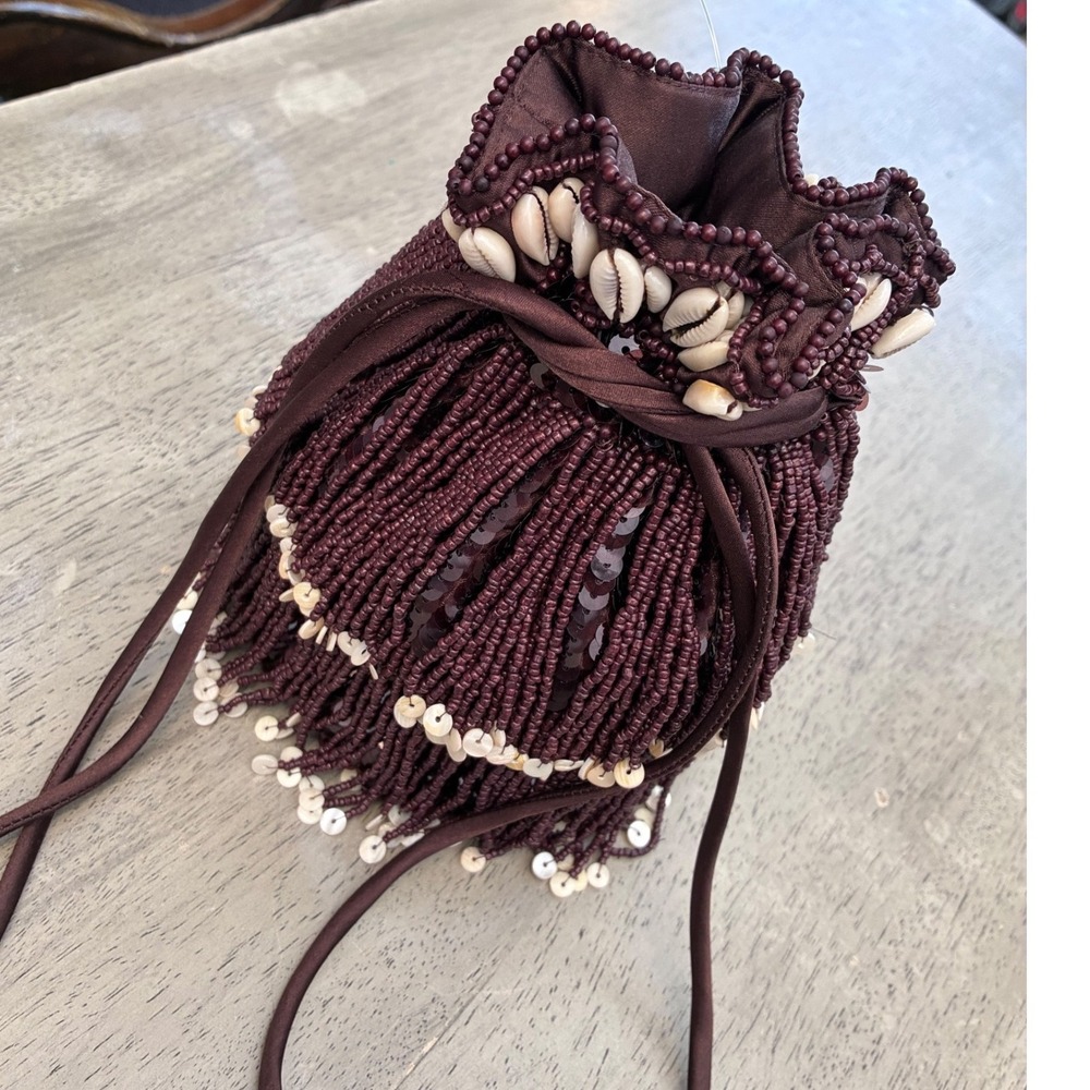 Zara Brown Beaded Bucket Bag Cowrie Shell Fringe Drawstring Y2K Festival Boho